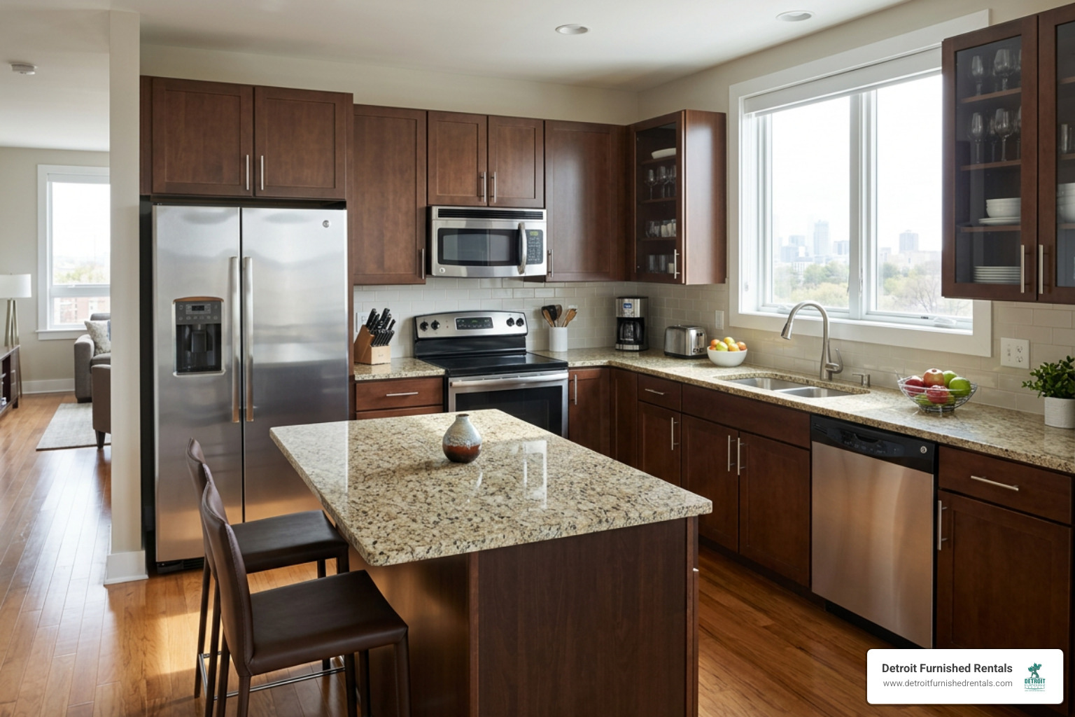 Modern fully equipped kitchen with stainless steel appliances in a corporate apartment - apartment corporate housing Modern fully equipped kitchen with stainless steel appliances in a corporate apartment - apartment corporate housing