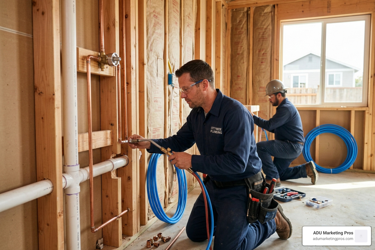 Professional plumber performing a sewer camera inspection to locate the existing sewer line - Plumbing for ADU