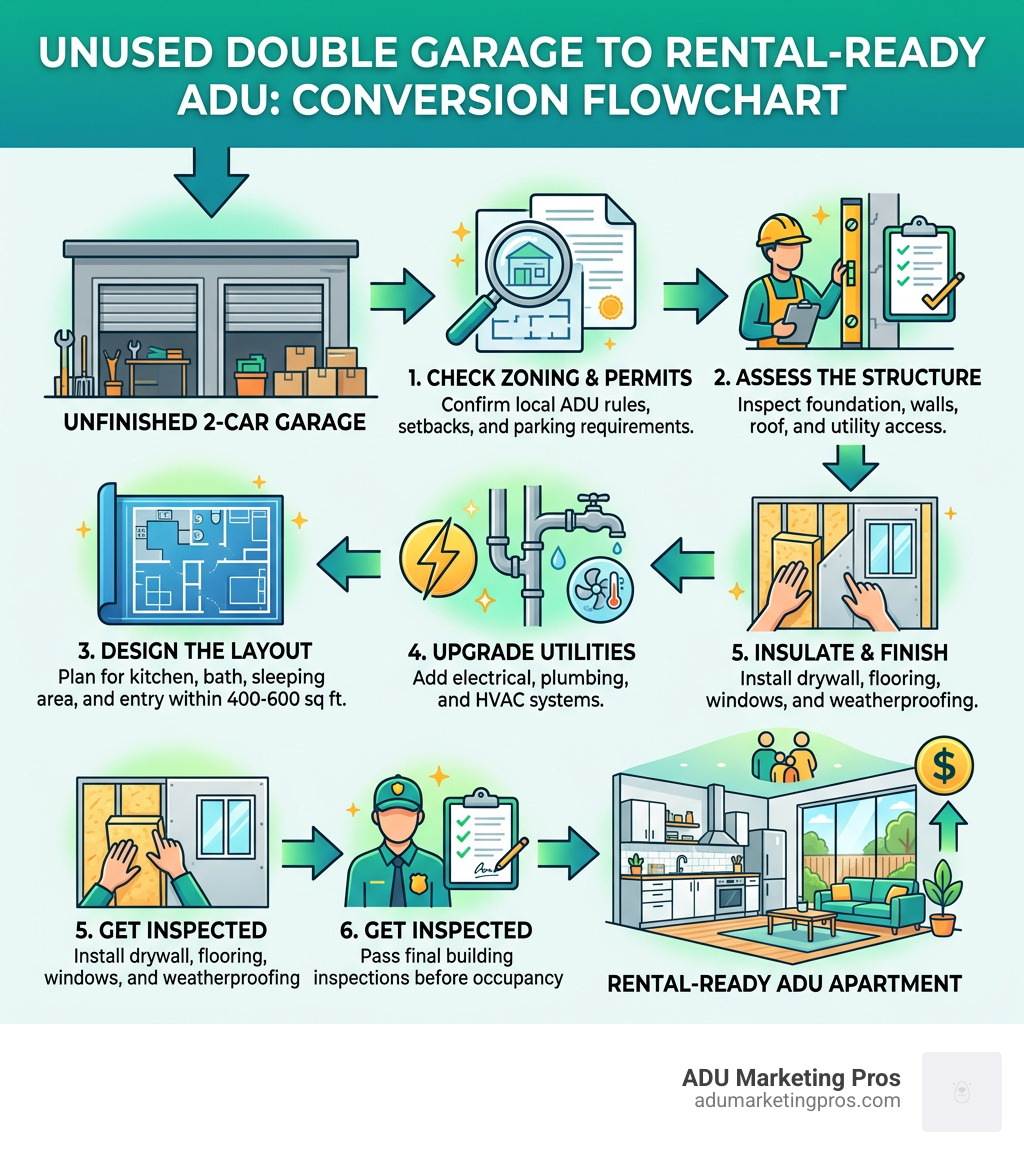 Flowchart from unused double garage to rental-ready ADU apartment showing key conversion steps - 2 car garage converted into