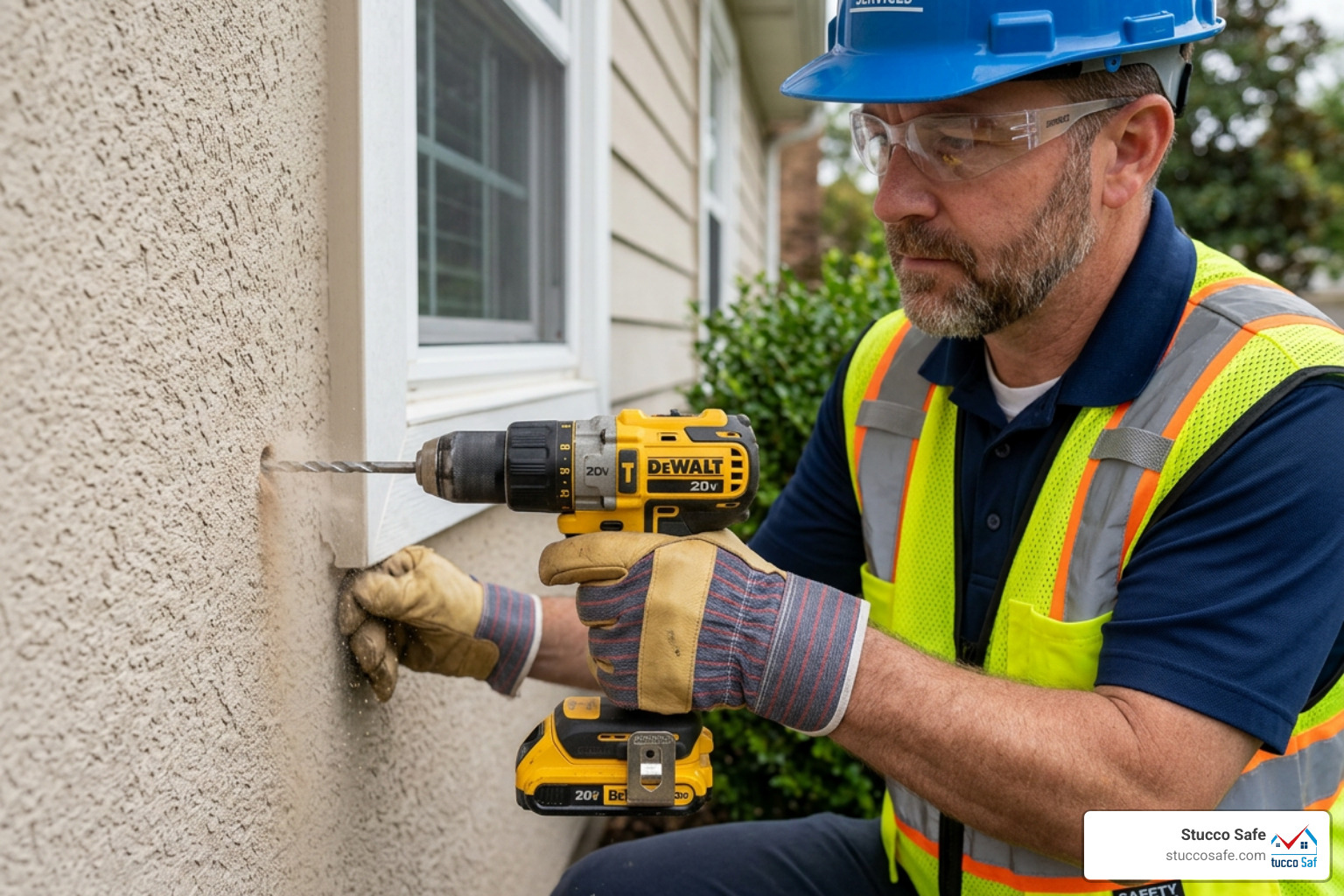 inspector drilling a small 3/16 inch hole in stucco for testing - what is an invasive stucco inspection inspector drilling a small 3/16 inch hole in stucco for testing - what is an invasive stucco inspection