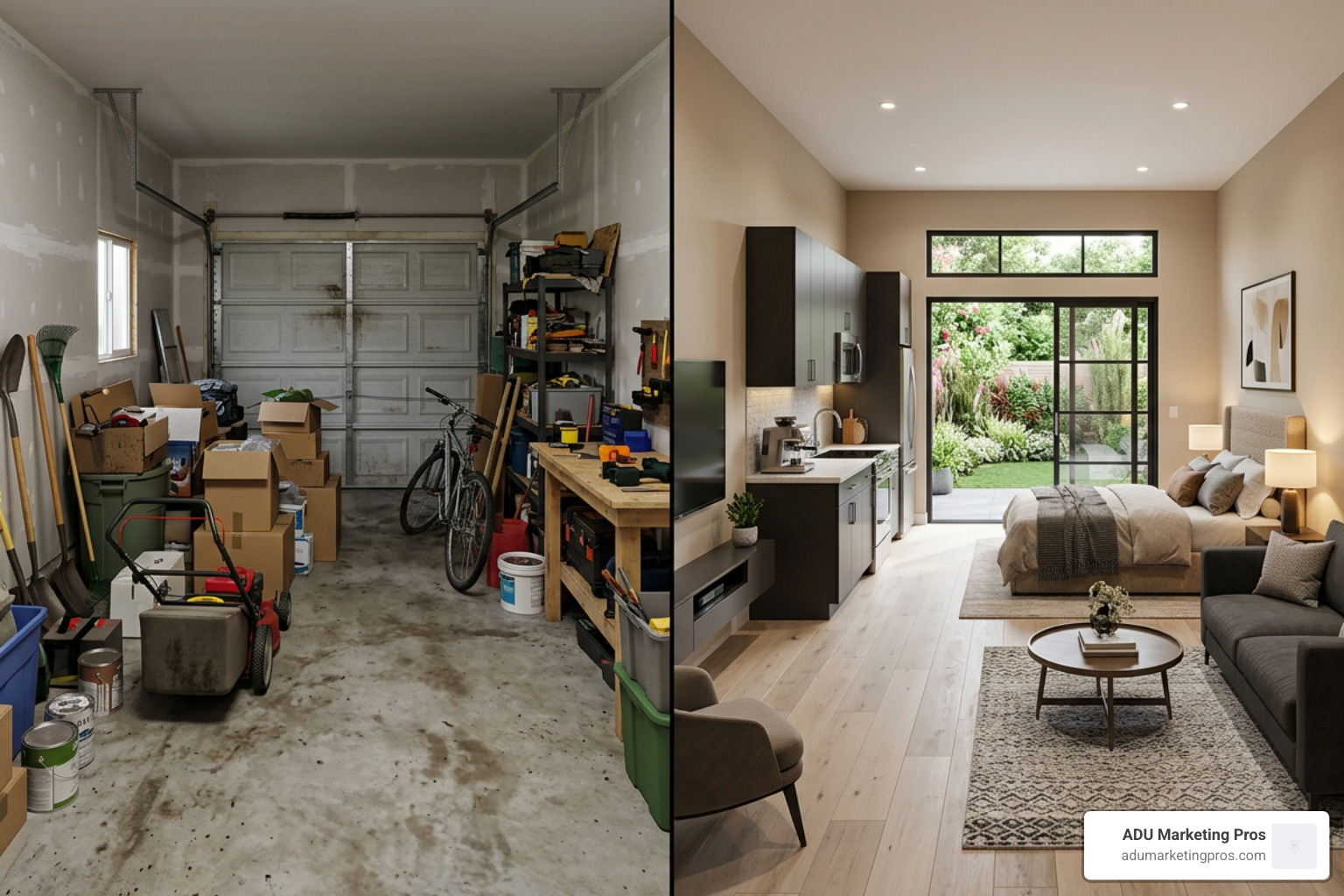Split-screen before-and-after shot of a cluttered double garage transformed into a luxury studio apartment - 2 car garage