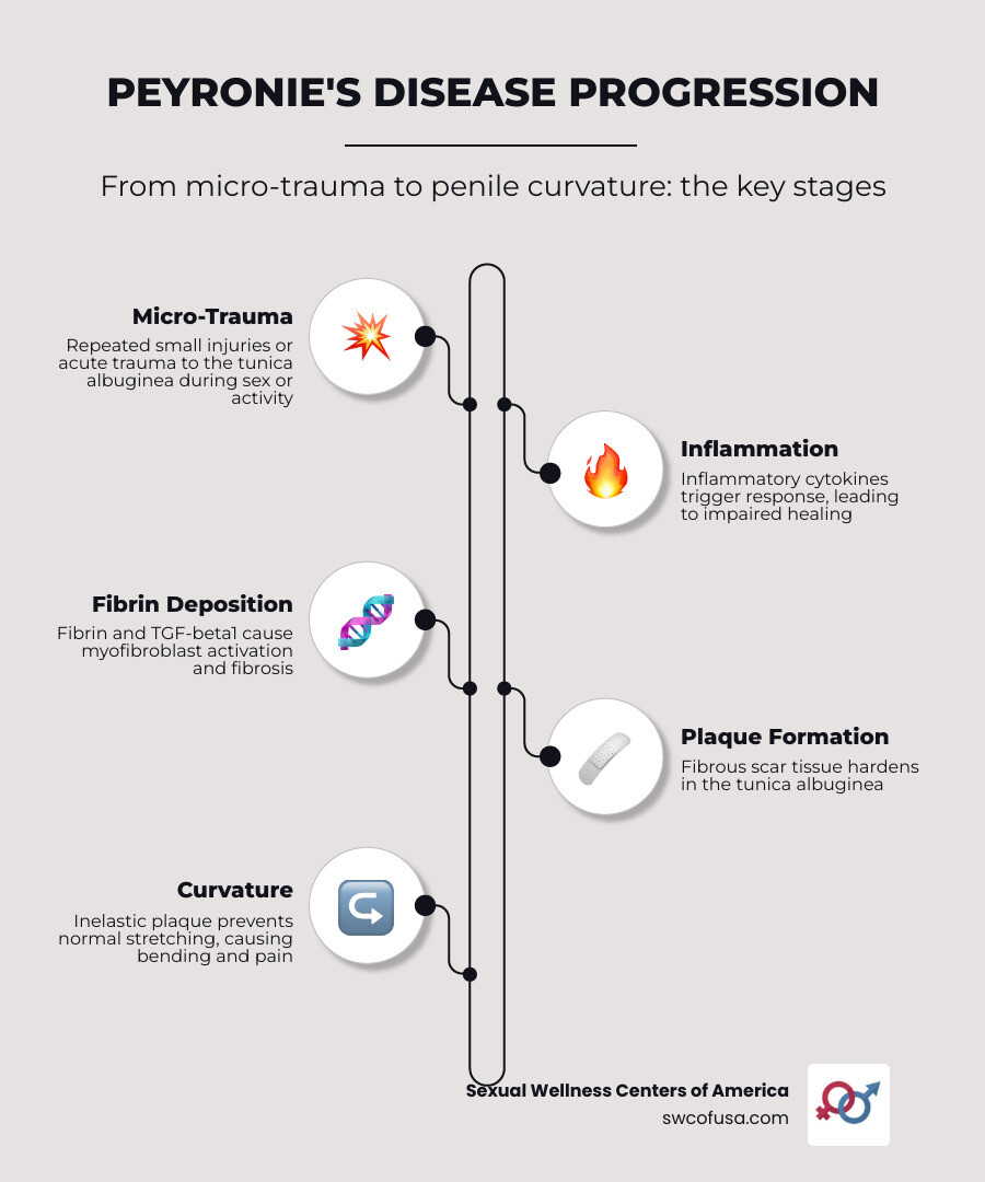 Infographic showing progression from penile micro-trauma to inflammation, plaque formation, and curvature - what causes