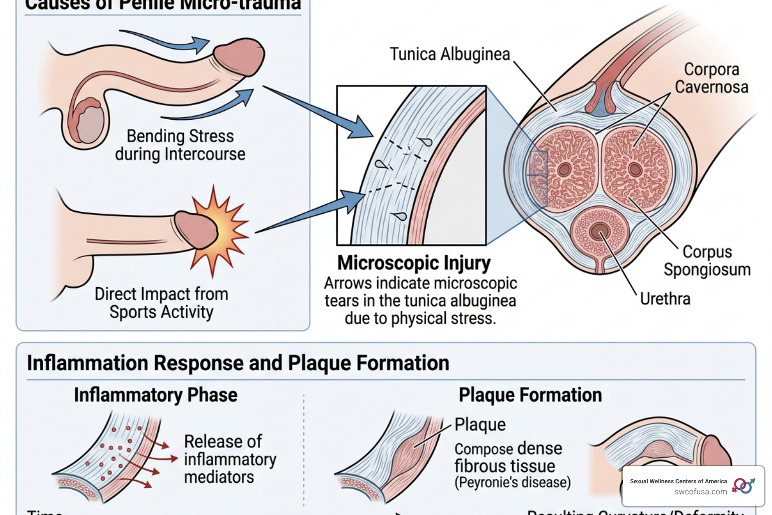 Illustration of penile micro-trauma during physical activity or intercourse - what causes peyronie's disease