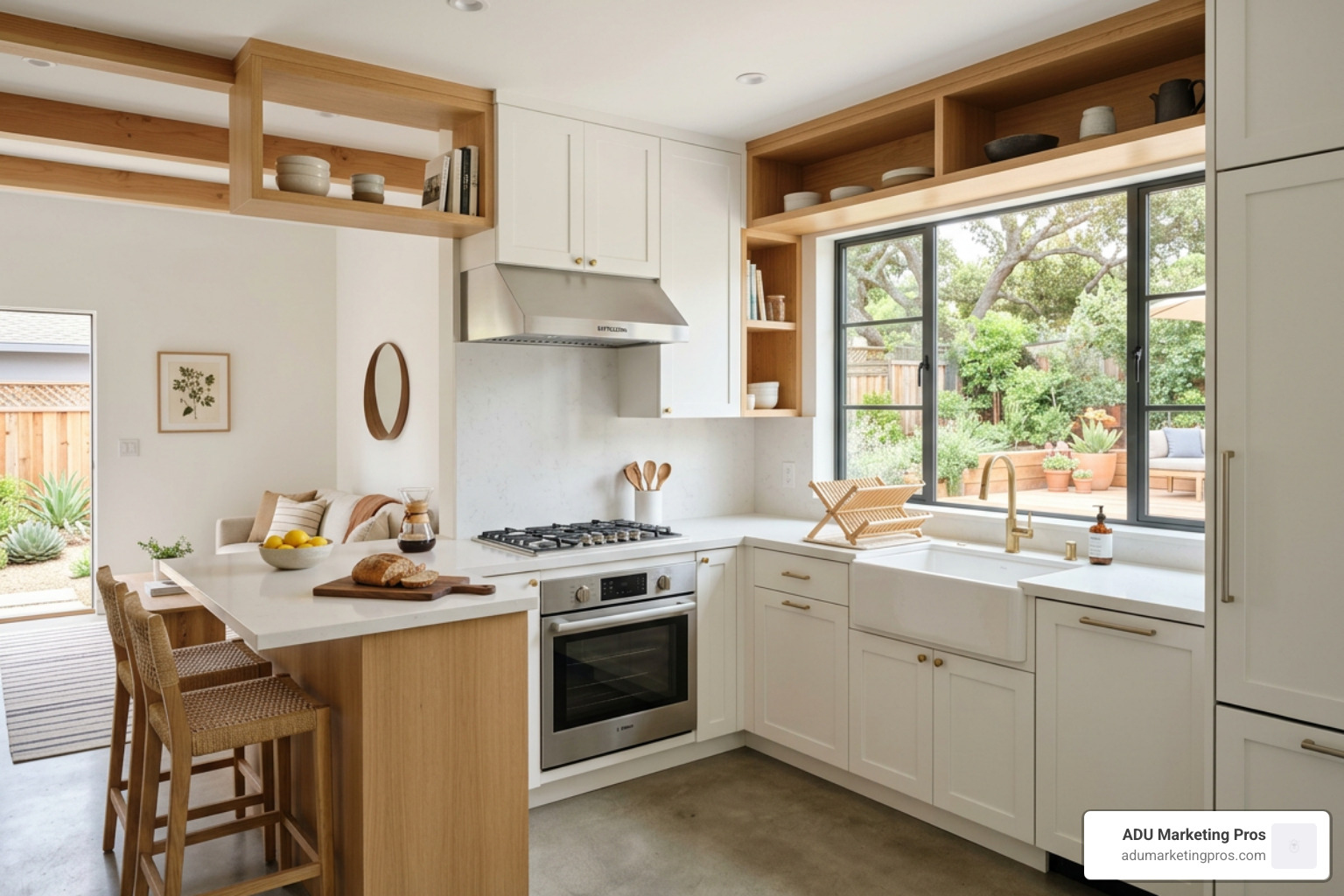 Interior of a bright, minimalist ADU kitchen with custom millwork and natural light - los angeles adu contractors