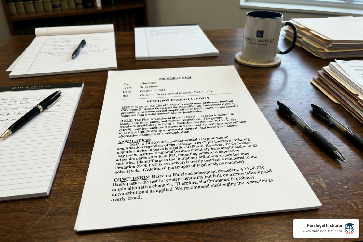 A structured legal memorandum draft showing IRAC headings: Issue, Rule, Application, Conclusion - Legal research skills