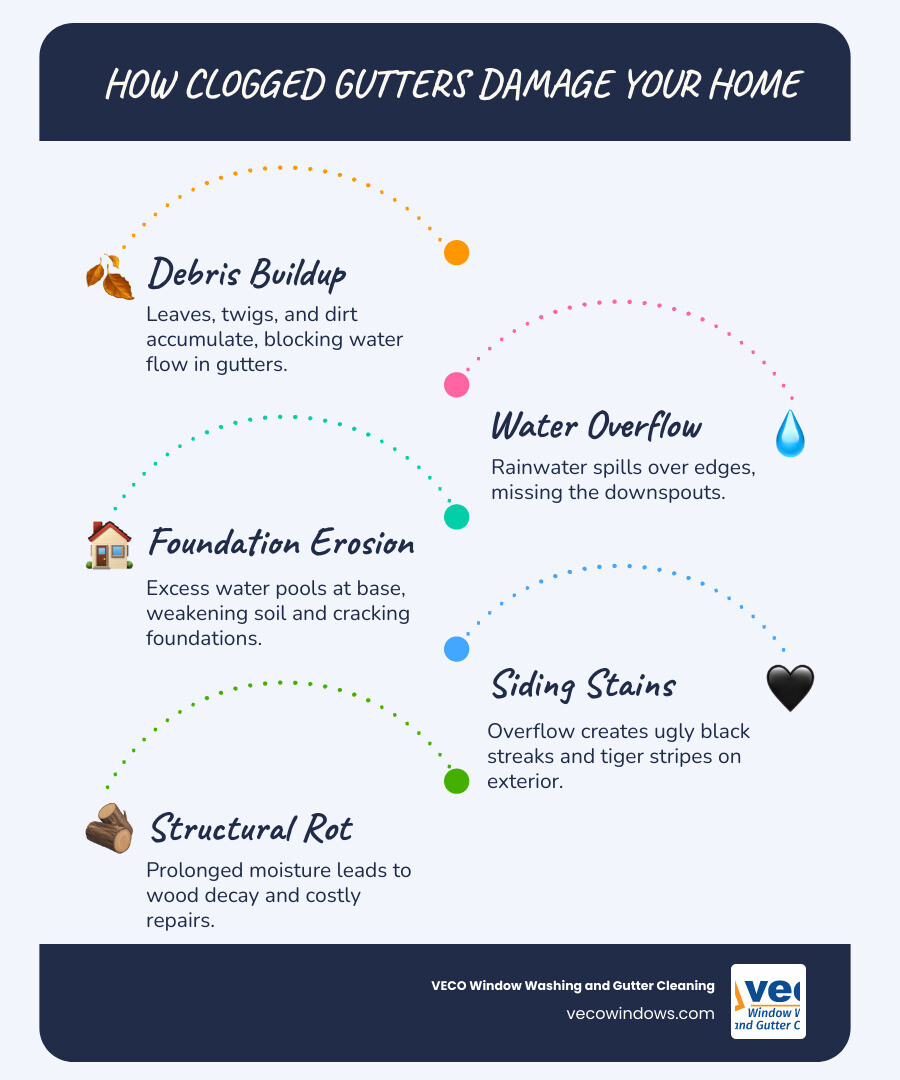 Infographic showing how clogged gutters lead to foundation damage, siding stains, and water overflow - gutter cleaning