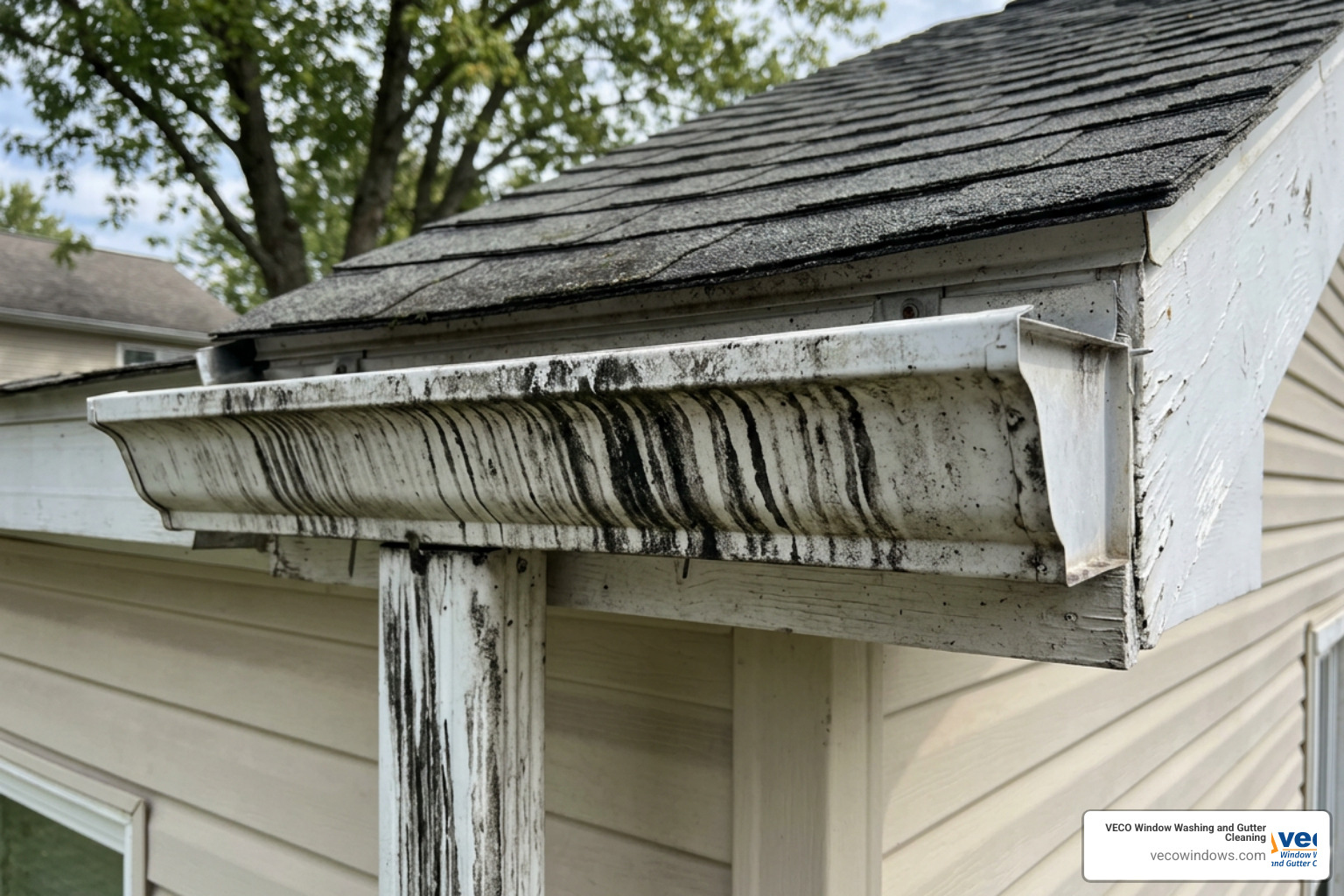 Gutters with heavy black streaks and tiger stripe oxidation - gutter cleaning solutions