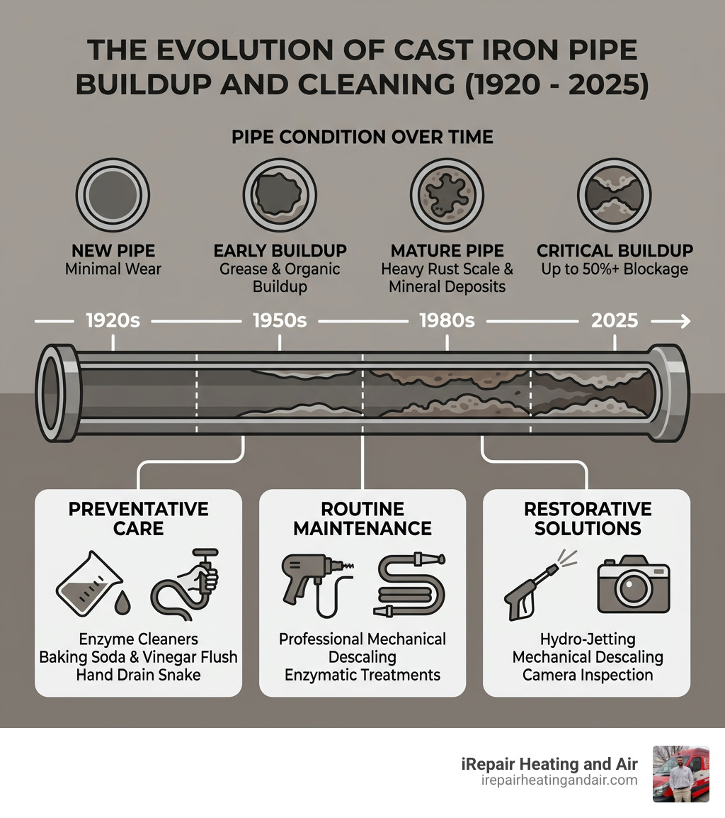 Infographic showing cast iron pipe lifecycle from 1920 to 2025 with buildup stages and cleaning methods - best way to clean