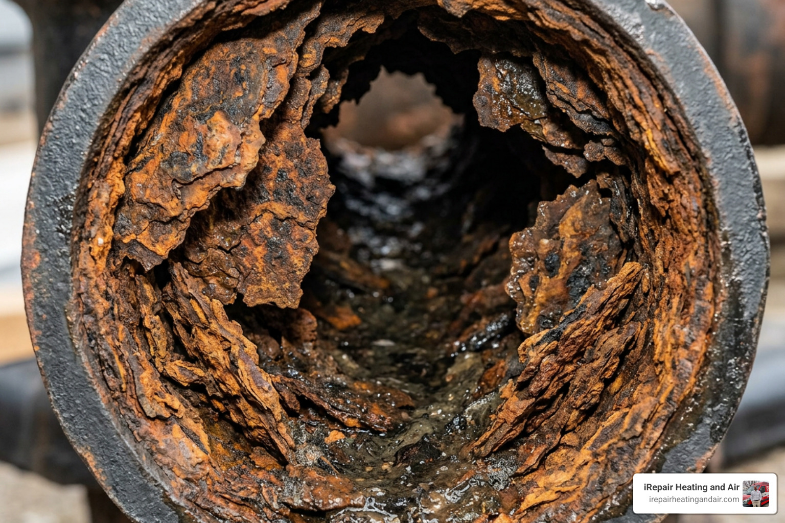 Detailed view of a corroded cast iron pipe interior showing heavy rust scale and narrowed diameter - best way to clean cast