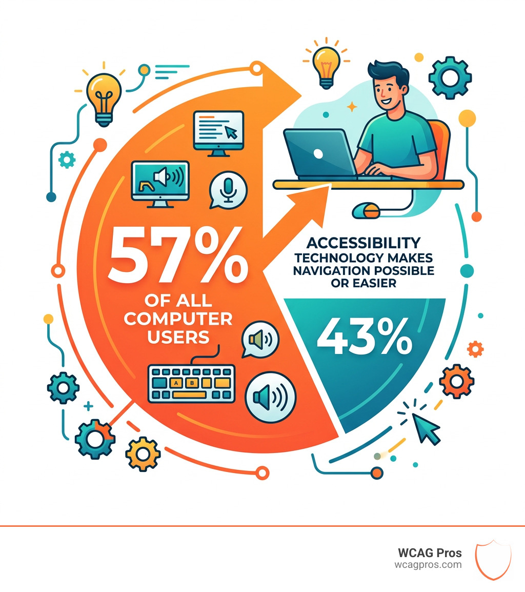 Infographic showing that accessibility technology makes website navigation possible or easier for 57% of all computer users Infographic showing that accessibility technology makes website navigation possible or easier for 57% of all computer users