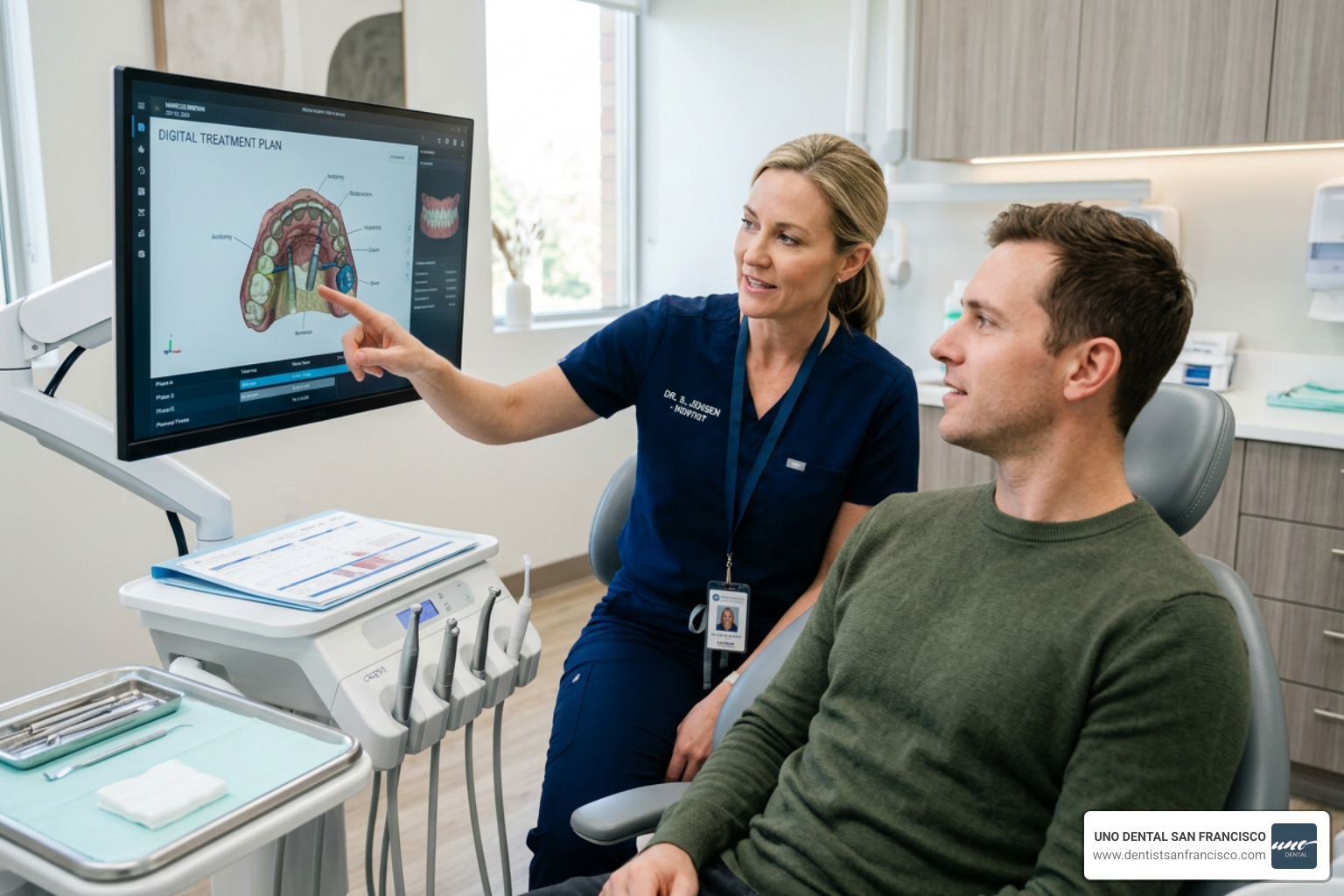 dentist discussing a digital treatment plan with a patient - Free implant consultation dentist discussing a digital treatment plan with a patient - Free implant consultation