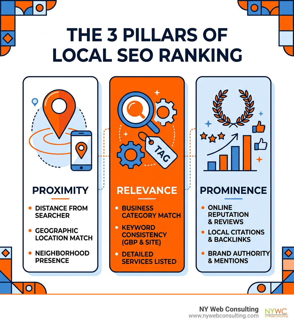 Infographic showing the 3 pillars of local SEO ranking: Proximity, Relevance, and Prominence with descriptions - local seo Infographic showing the 3 pillars of local SEO ranking: Proximity, Relevance, and Prominence with descriptions - local seo