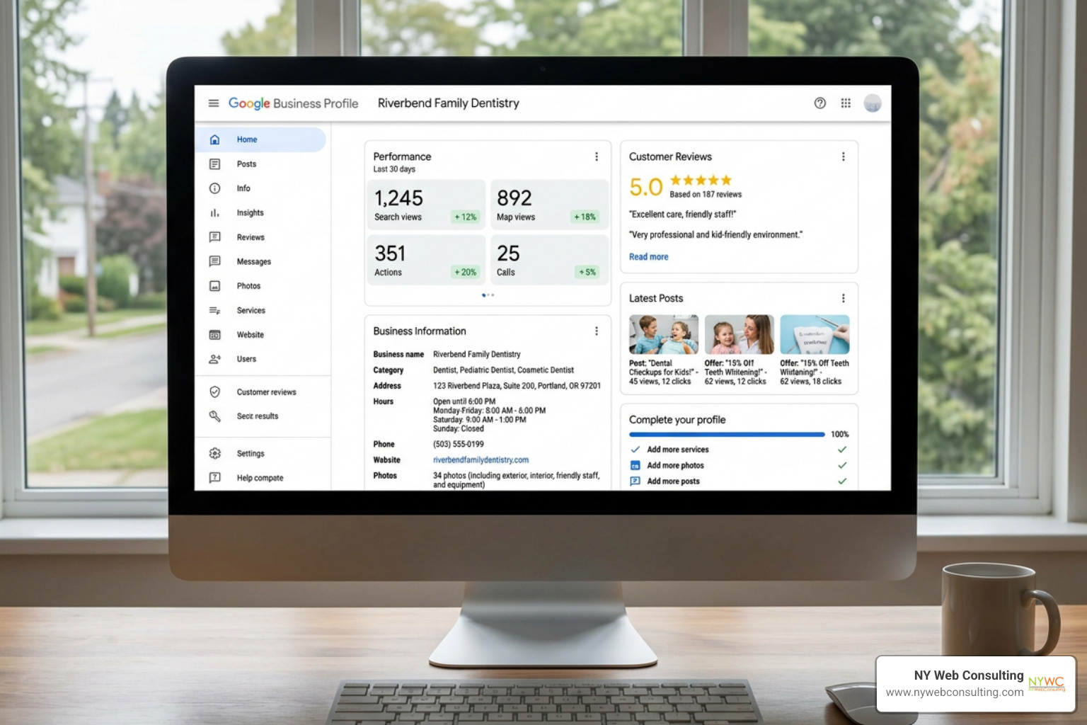 optimized Google Business Profile dashboard showing high engagement metrics and complete business information - local seo optimized Google Business Profile dashboard showing high engagement metrics and complete business information - local seo