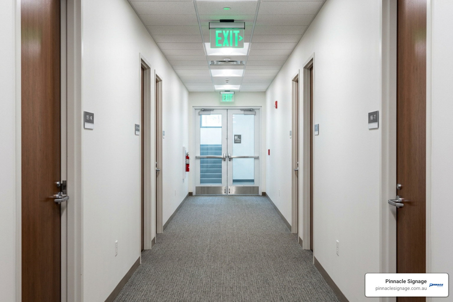 A modern office hallway featuring green illuminated ceiling-mounted signs that comply with standard exit sign regulations.