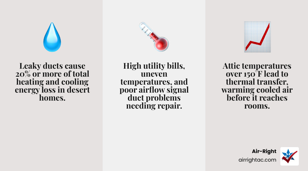 Infographic showing how leaky ducts cause 20 percent energy loss in a desert home and the key warning signs - hvac duct work