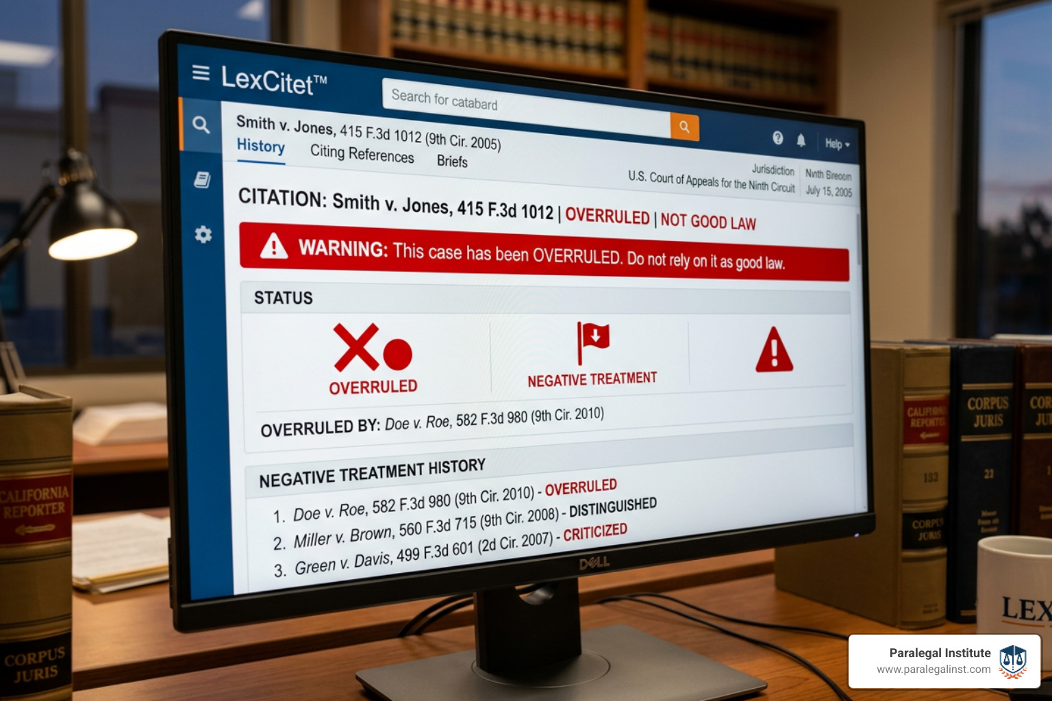 Digital citator dashboard with red flags indicating a case is no longer good law - Legal research skills