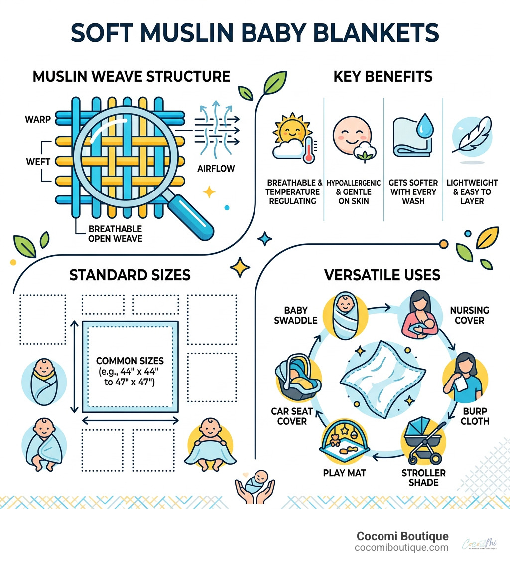 Infographic showing muslin weave structure, key benefits, sizes, and versatile uses of soft muslin baby blankets - soft
