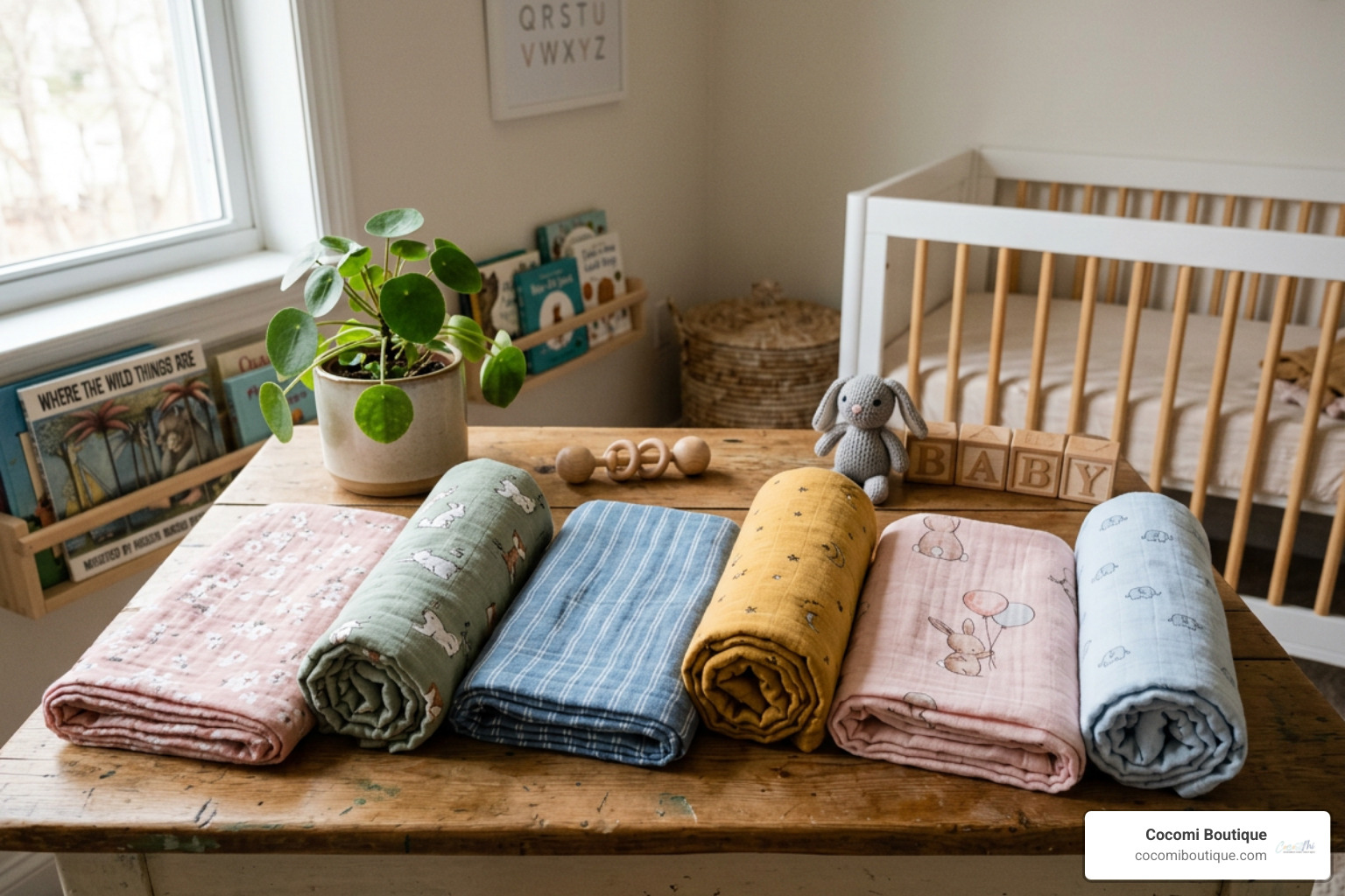 A collection of soft muslin baby blankets with various patterns like florals, animals, and stripes - soft muslin baby