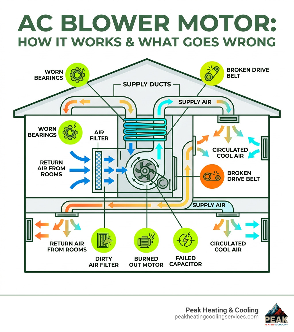 Infographic showing how an AC blower motor circulates air through home ductwork with common failure points labeled - fix ac