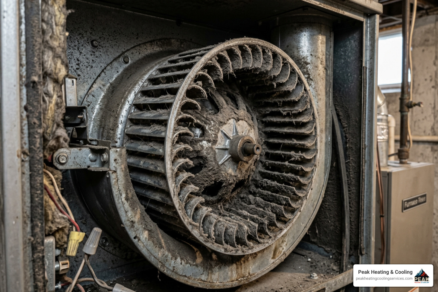 Close-up of a dirty, dust-clogged blower wheel inside a residential air handler - fix ac blower motor
