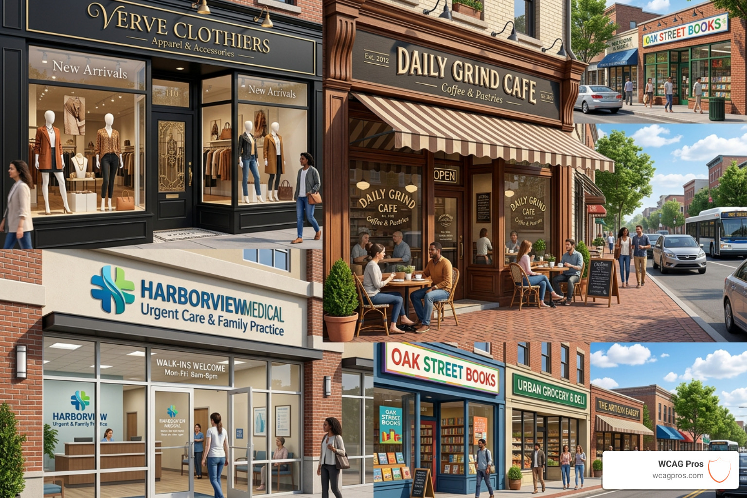 a collage of different business storefronts including a cafe, a boutique, and a medical clinic - public accommodation a collage of different business storefronts including a cafe, a boutique, and a medical clinic - public accommodation