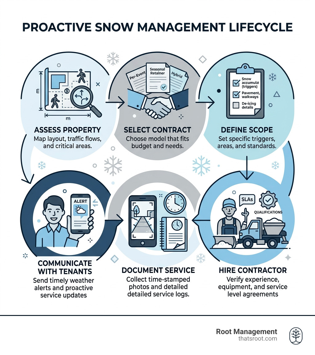 Proactive snow management lifecycle infographic: assess property, select contract, define scope, hire contractor, document Proactive snow management lifecycle infographic: assess property, select contract, define scope, hire contractor, document