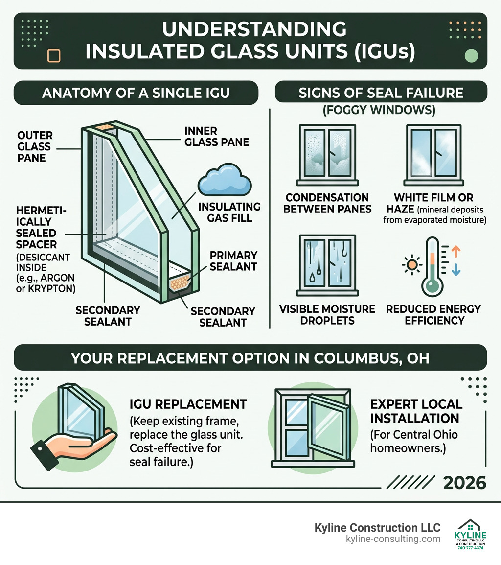 Infographic showing anatomy of an insulated glass unit IGU with seal failure indicators and replacement options - window