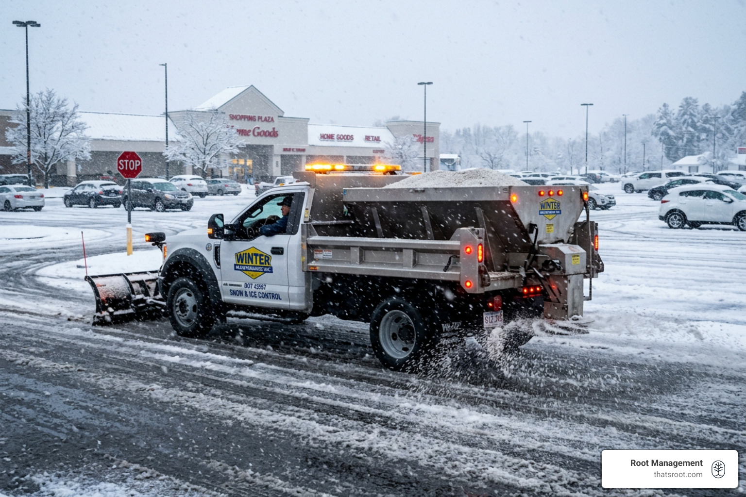 A commercial salt spreader applying de-icing material to a parking lot during a storm - snow removal property management A commercial salt spreader applying de-icing material to a parking lot during a storm - snow removal property management