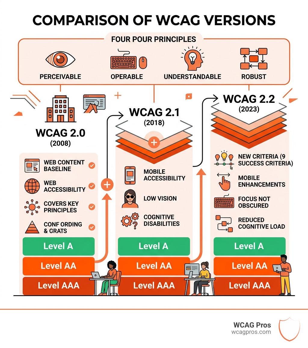 Comparison of WCAG Versions: wcag 2.1 aa compliance checker infographic Comparison of WCAG Versions: wcag 2.1 aa compliance checker infographic