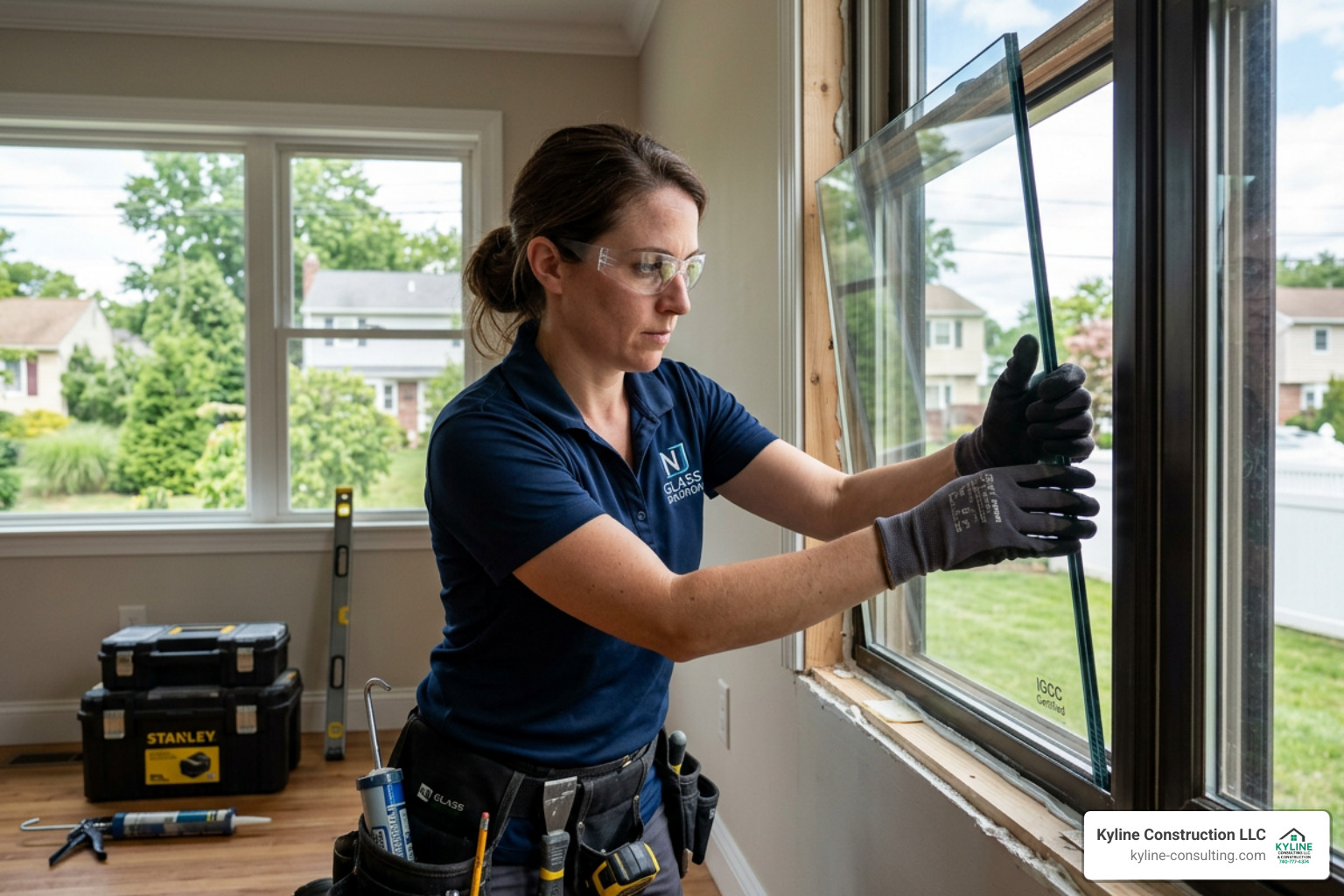Professional glass technician installing a new insulated glass unit into a residential window frame - window glass