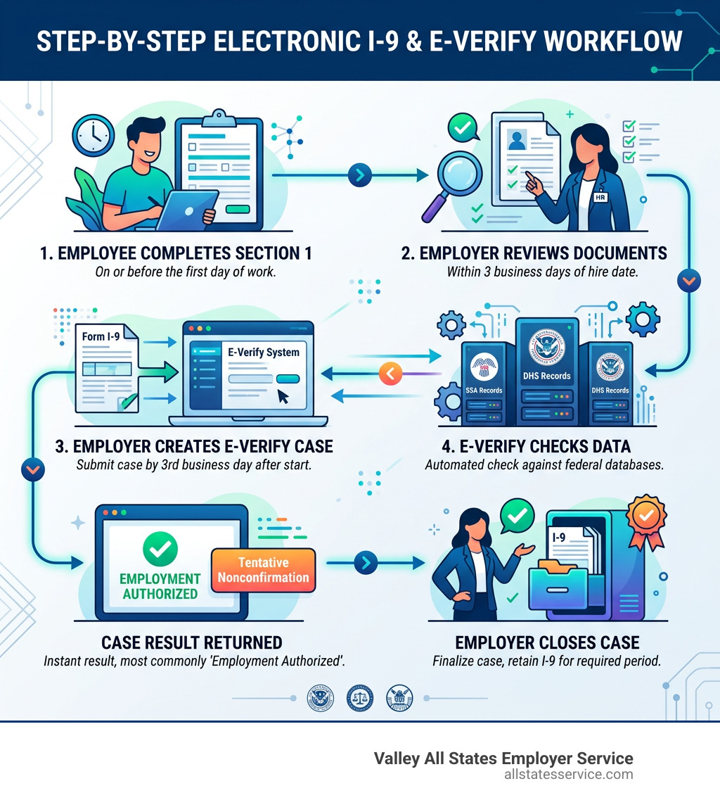 Step-by-step electronic I-9 and E-Verify verification workflow infographic - e-verify electronic i-9 employment verification
