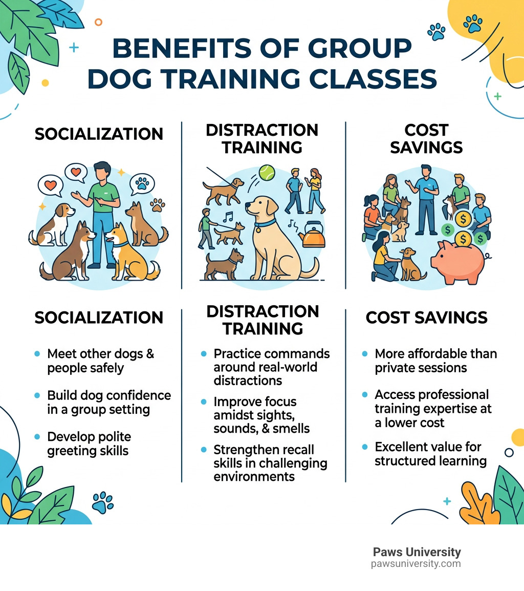 infographic showing benefits of group dog training classes including socialization distraction training and cost savings infographic showing benefits of group dog training classes including socialization distraction training and cost savings