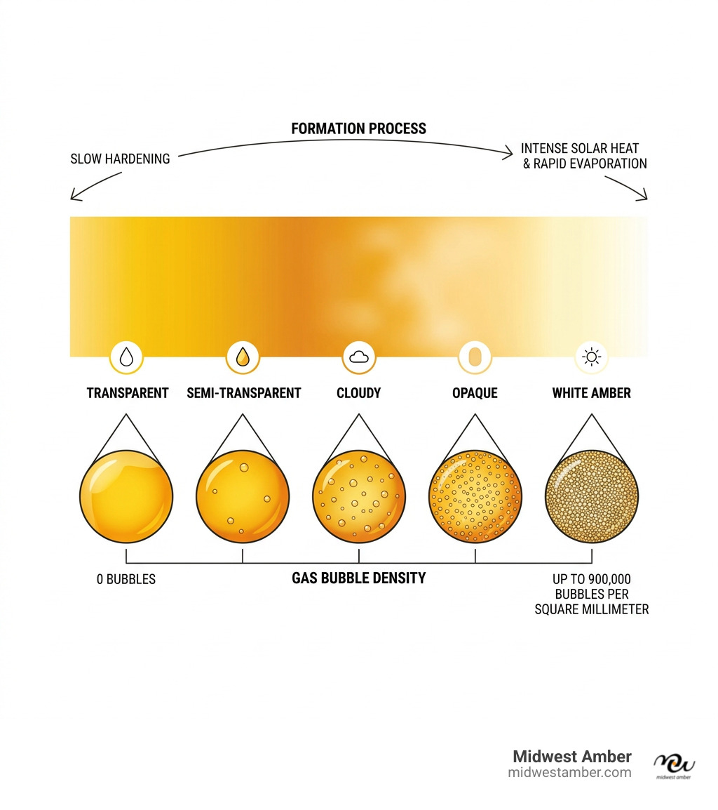 Infographic showing amber color spectrum from transparent to white with gas bubble density scale - white amber meaning