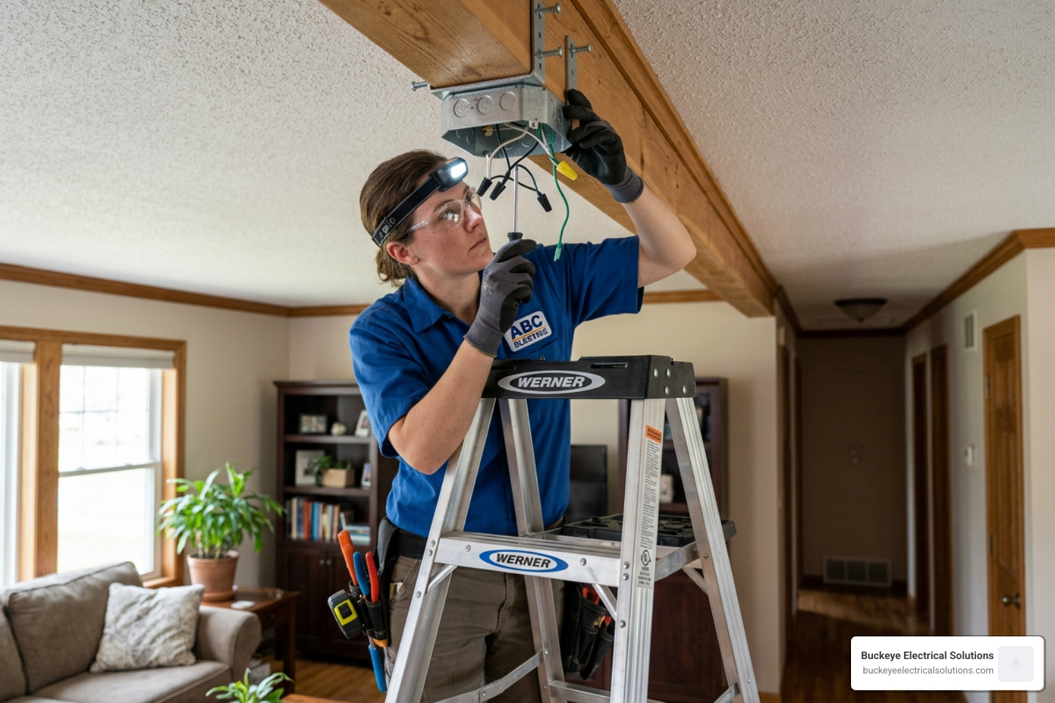 A technician inspecting a UL-listed fan-rated electrical box mounted to a sturdy ceiling joist - attaching a ceiling fan A technician inspecting a UL-listed fan-rated electrical box mounted to a sturdy ceiling joist - attaching a ceiling fan