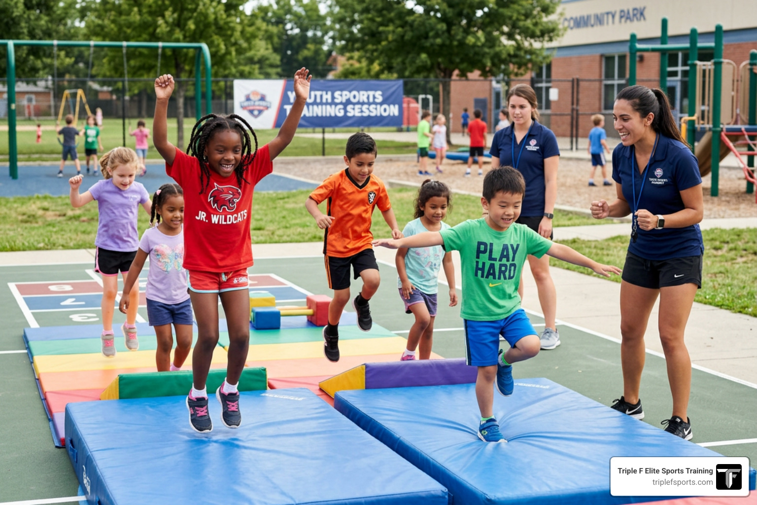 young athletes practicing fundamental motor skills like jumping and balancing - youth sports development programs young athletes practicing fundamental motor skills like jumping and balancing - youth sports development programs