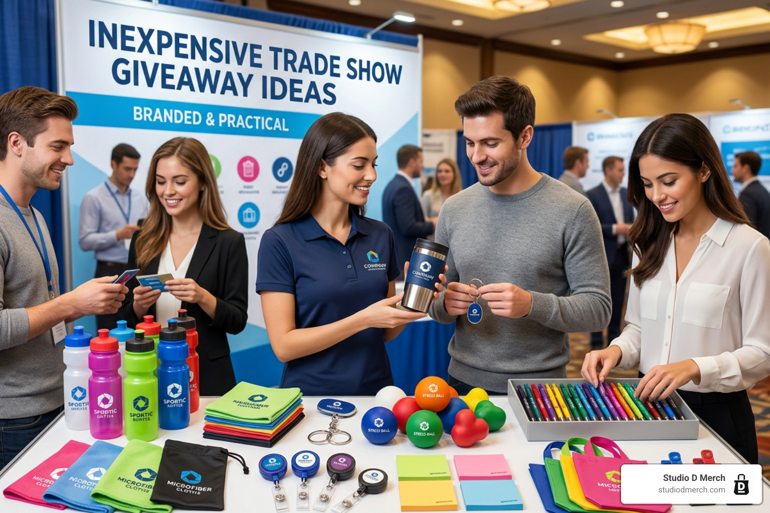 high-quality branded pens and notebooks - inexpensive trade show giveaway ideas