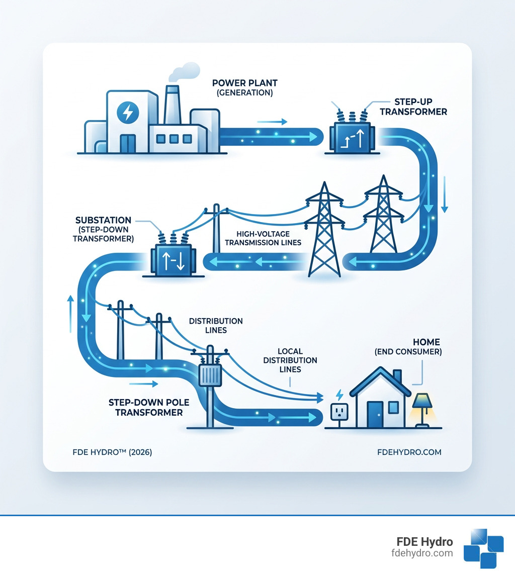 flow of electricity from power plant to home - electrical energy distribution infographic 