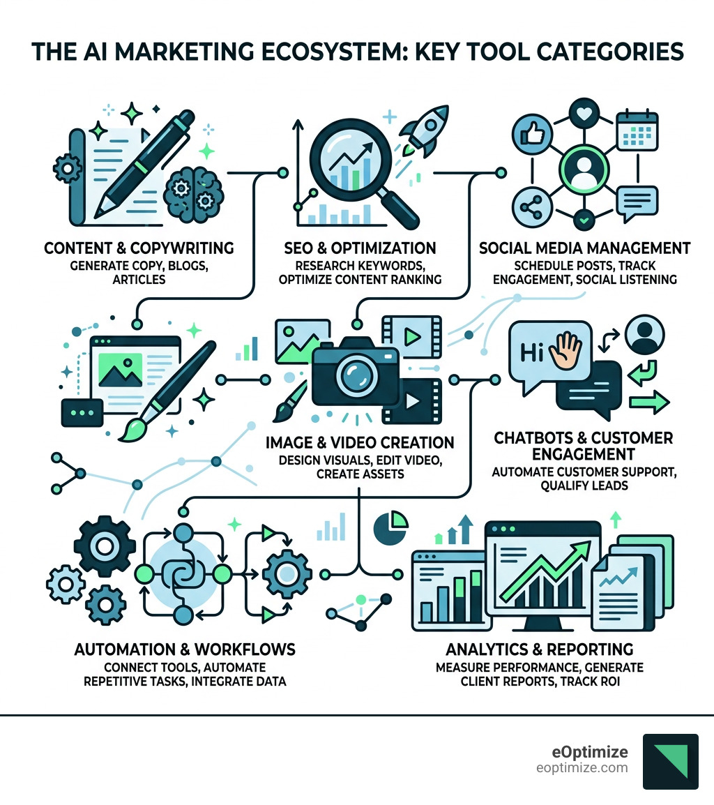 AI marketing ecosystem infographic showing categories of tools from content creation to automation and analytics - best ai