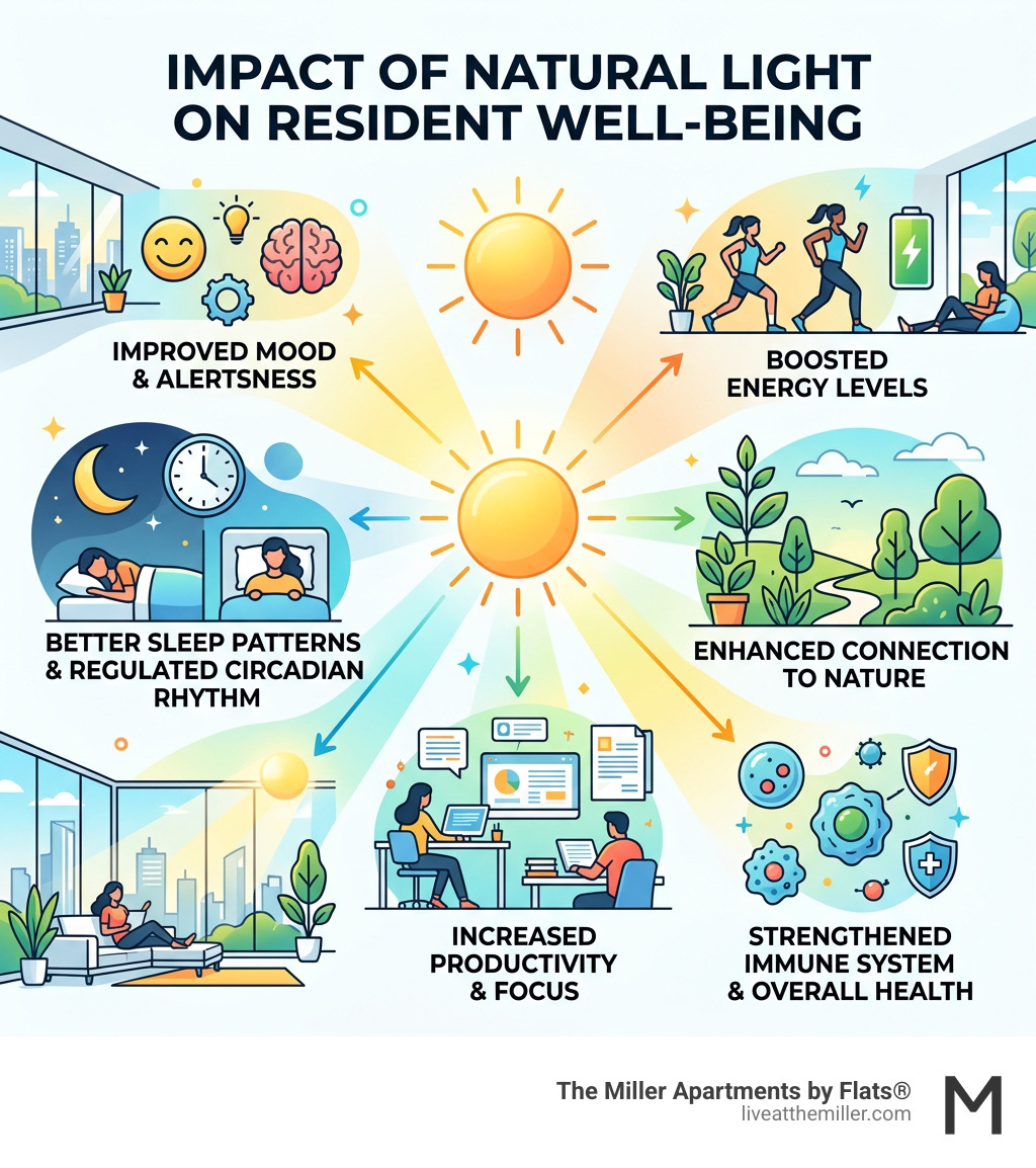 Infographic explaining the impact of natural light on resident well-being - luxury apartments with views infographic Infographic explaining the impact of natural light on resident well-being - luxury apartments with views infographic