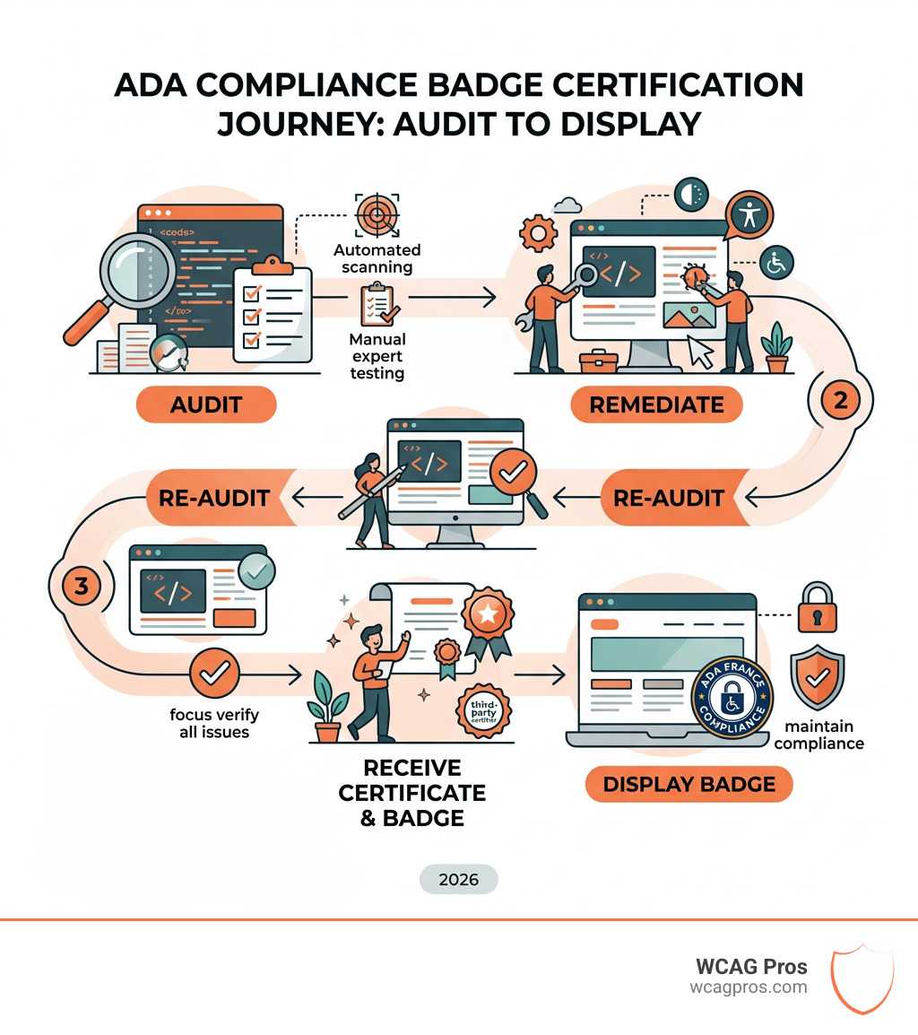 Infographic showing the ADA compliance badge certification journey from audit to badge display - ADA compliance badge Infographic showing the ADA compliance badge certification journey from audit to badge display - ADA compliance badge