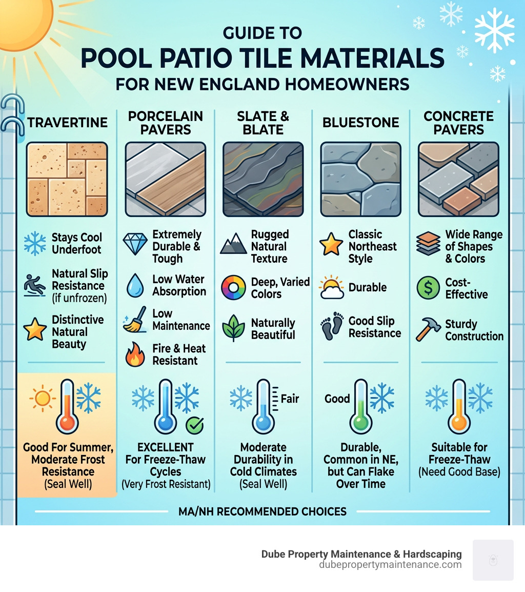Infographic showing pool patio tile material types, key features, and climate suitability for New England homeowners - pool