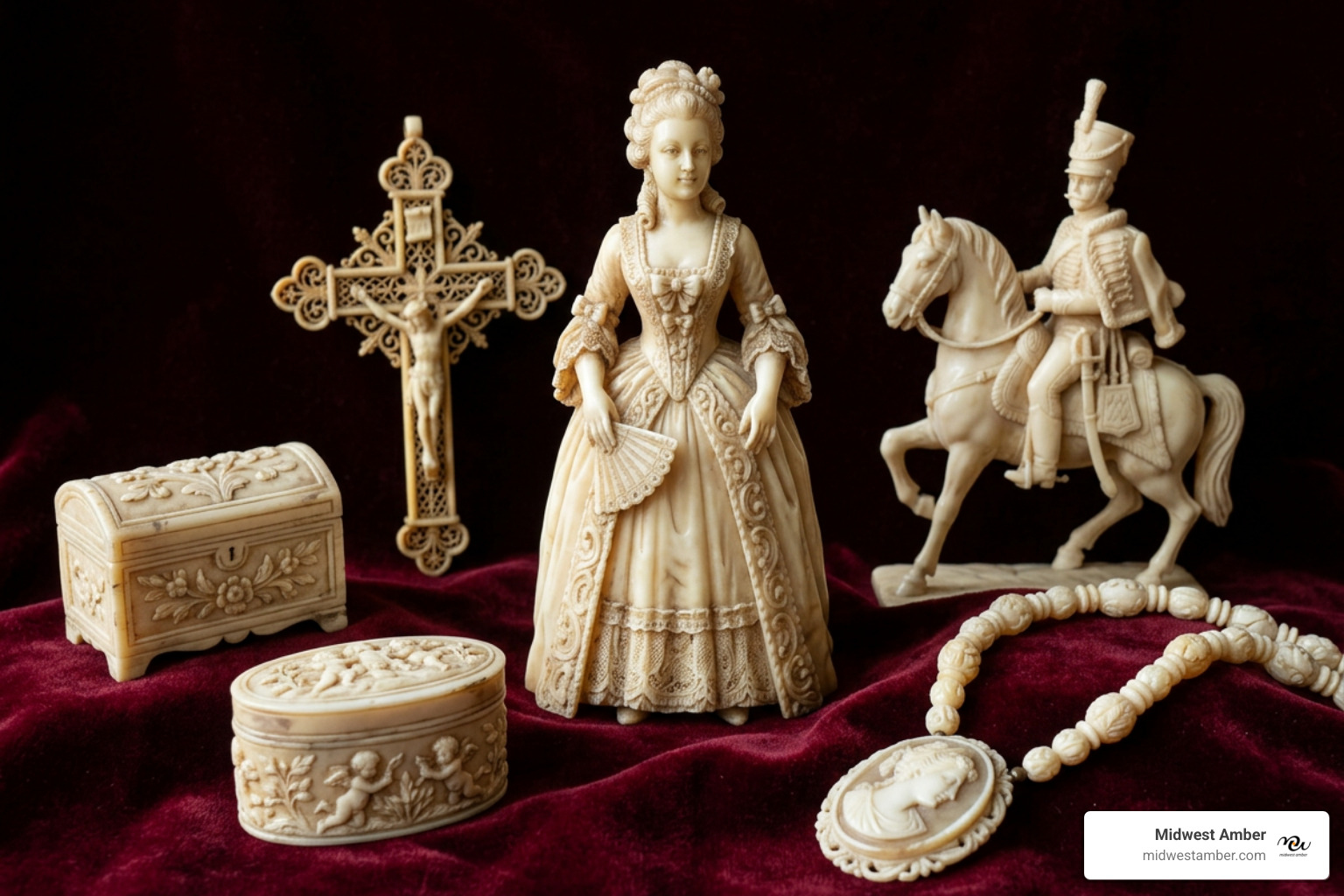 Antique white amber carvings showing intricate detail and matte finish - white amber meaning