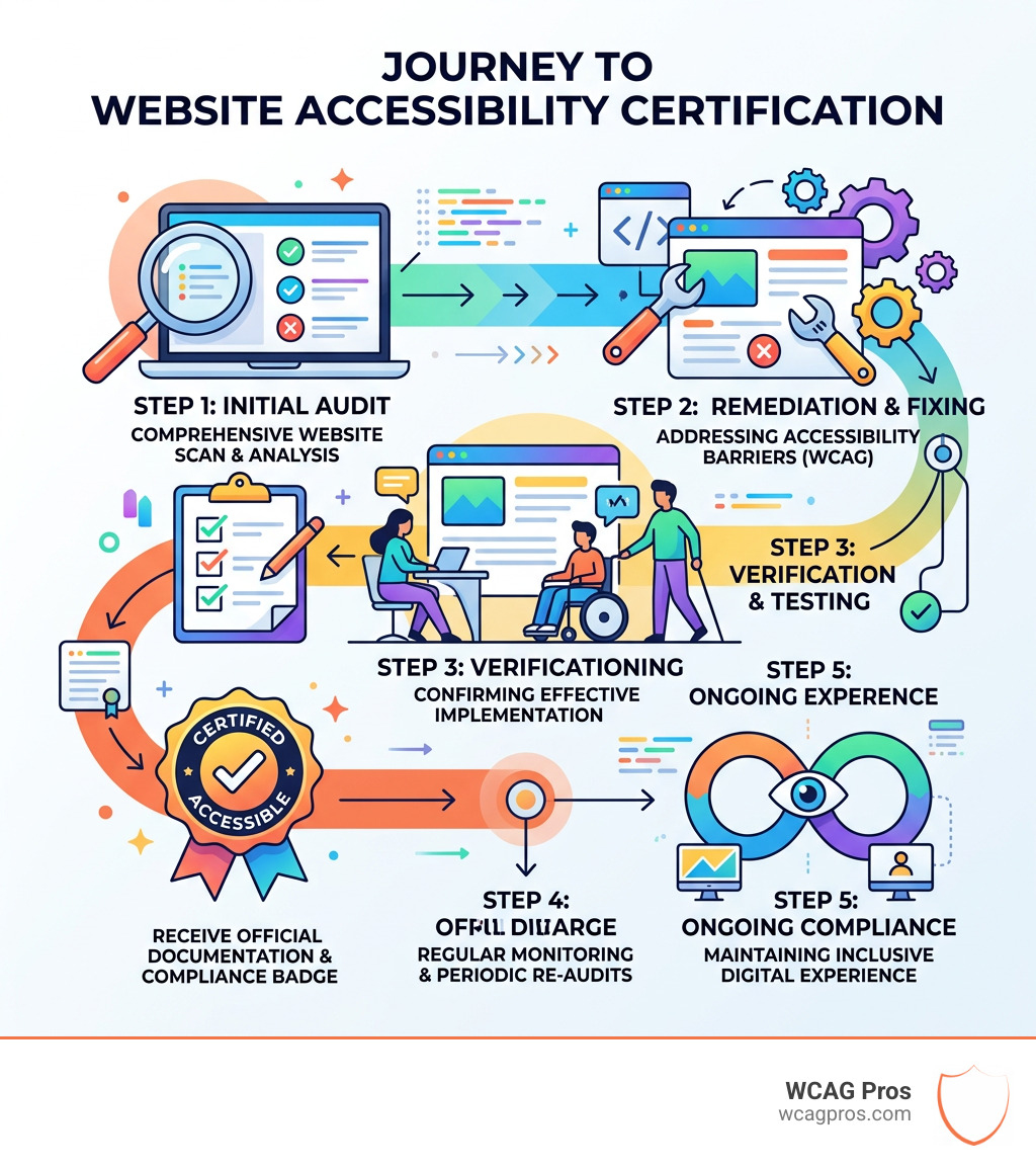 Infographic showing the journey of website accessibility certification from audit to ongoing compliance. Website Infographic showing the journey of website accessibility certification from audit to ongoing compliance. Website