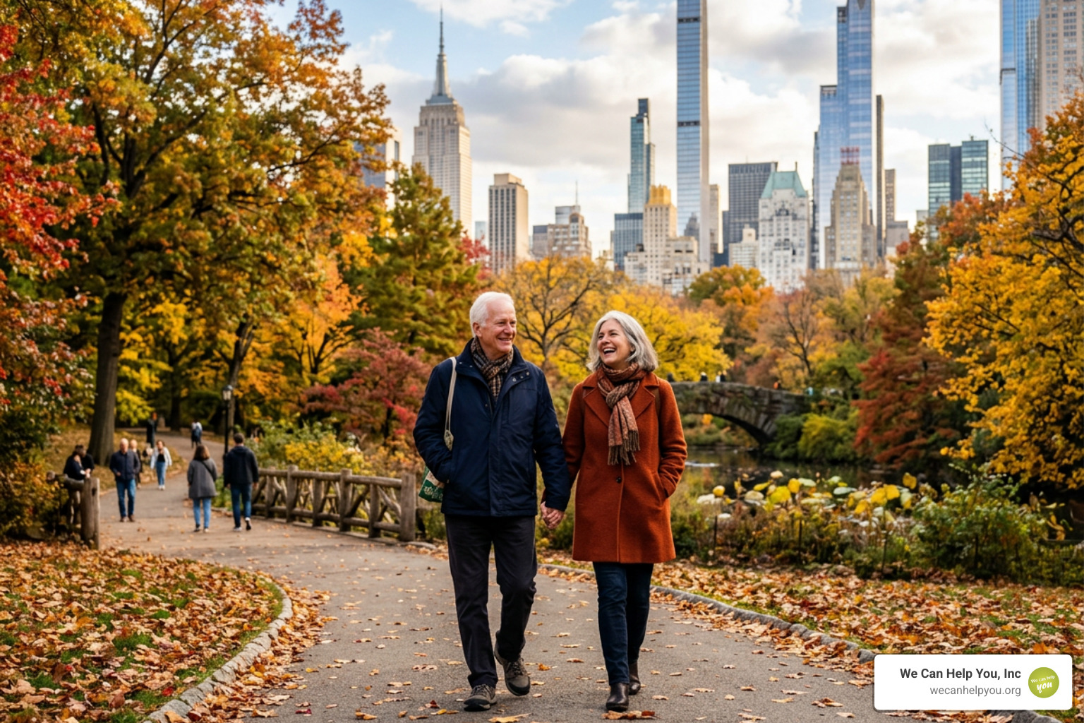 Happy retired couple walking through a New York park in autumn - Medicare Part C plans New York