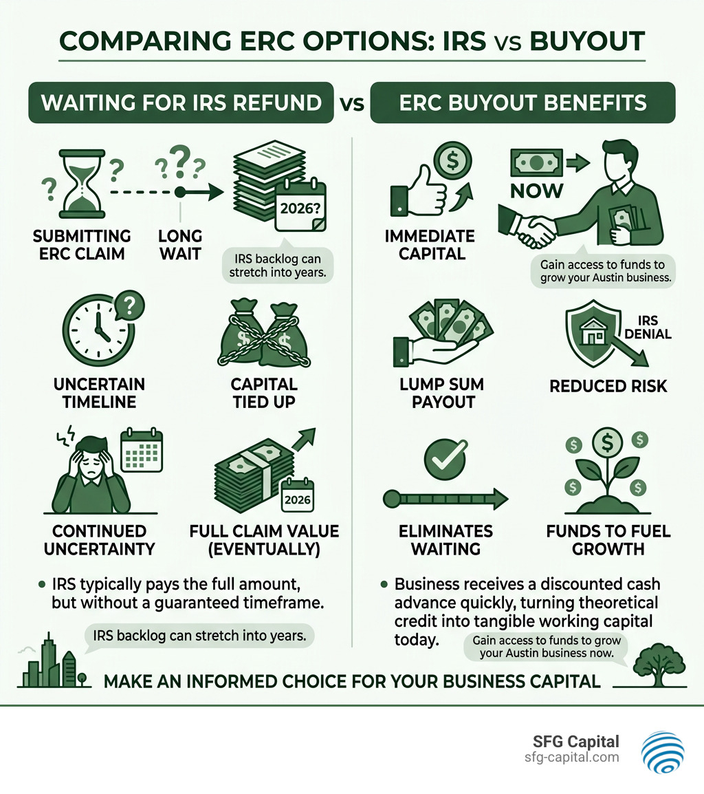 Table comparing waiting for IRS vs ERC buyout benefits - austin erc buyout program infographic 