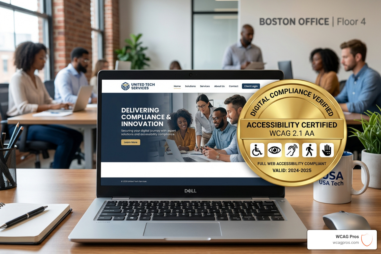 Digital compliance seal representing website accessibility certification. Website accessibility certification services Digital compliance seal representing website accessibility certification. Website accessibility certification services