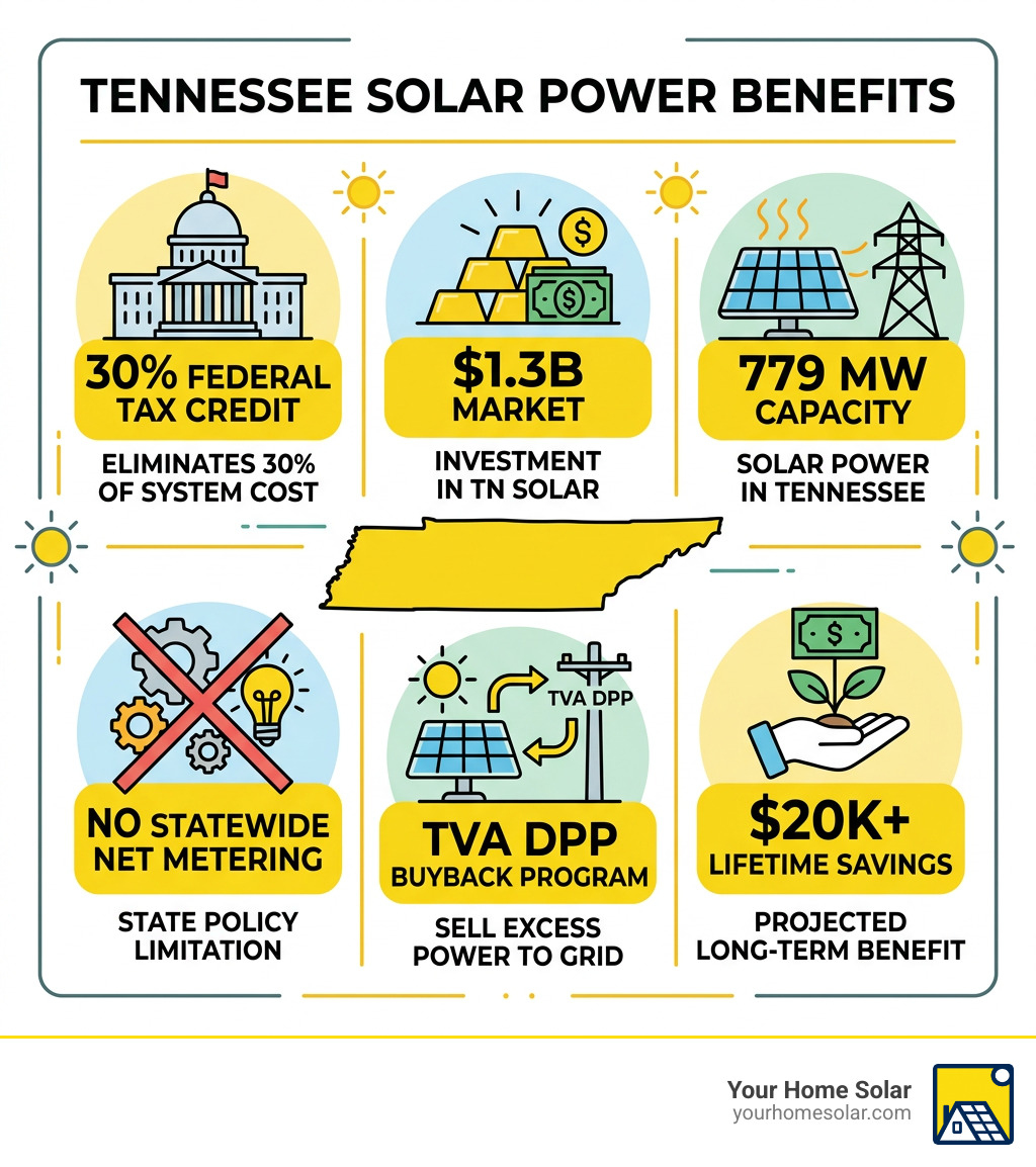 Infographic showing solar power benefits in Tennessee: 30% federal tax credit, $1.3B market, 779 MW capacity, no statewide Infographic showing solar power benefits in Tennessee: 30% federal tax credit, $1.3B market, 779 MW capacity, no statewide