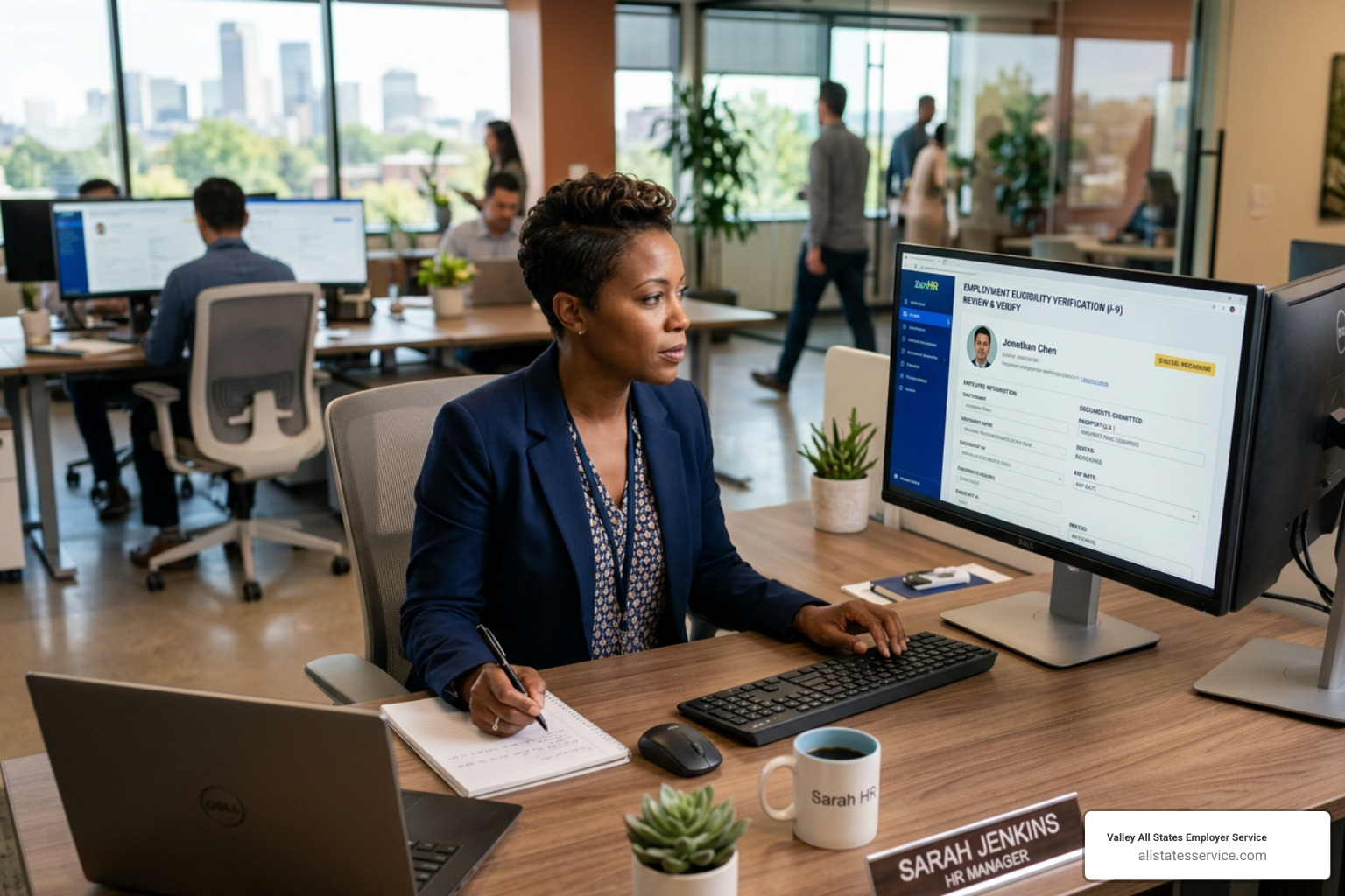 HR manager reviewing digital records for employment eligibility - compliant e-verify program