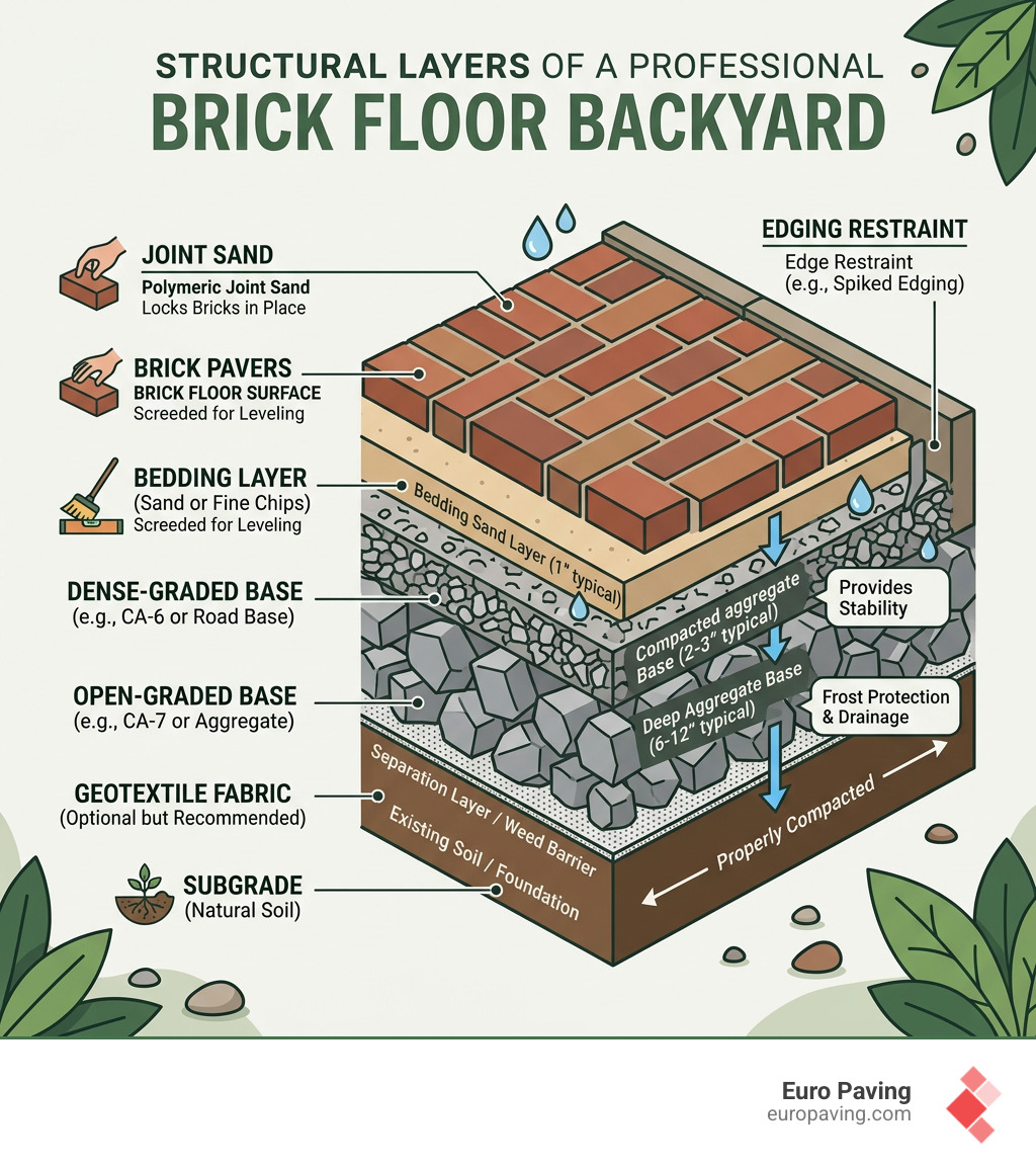 Infographic showing structural layers of a professional brick floor backyard from subgrade to surface - brick floor backyard
