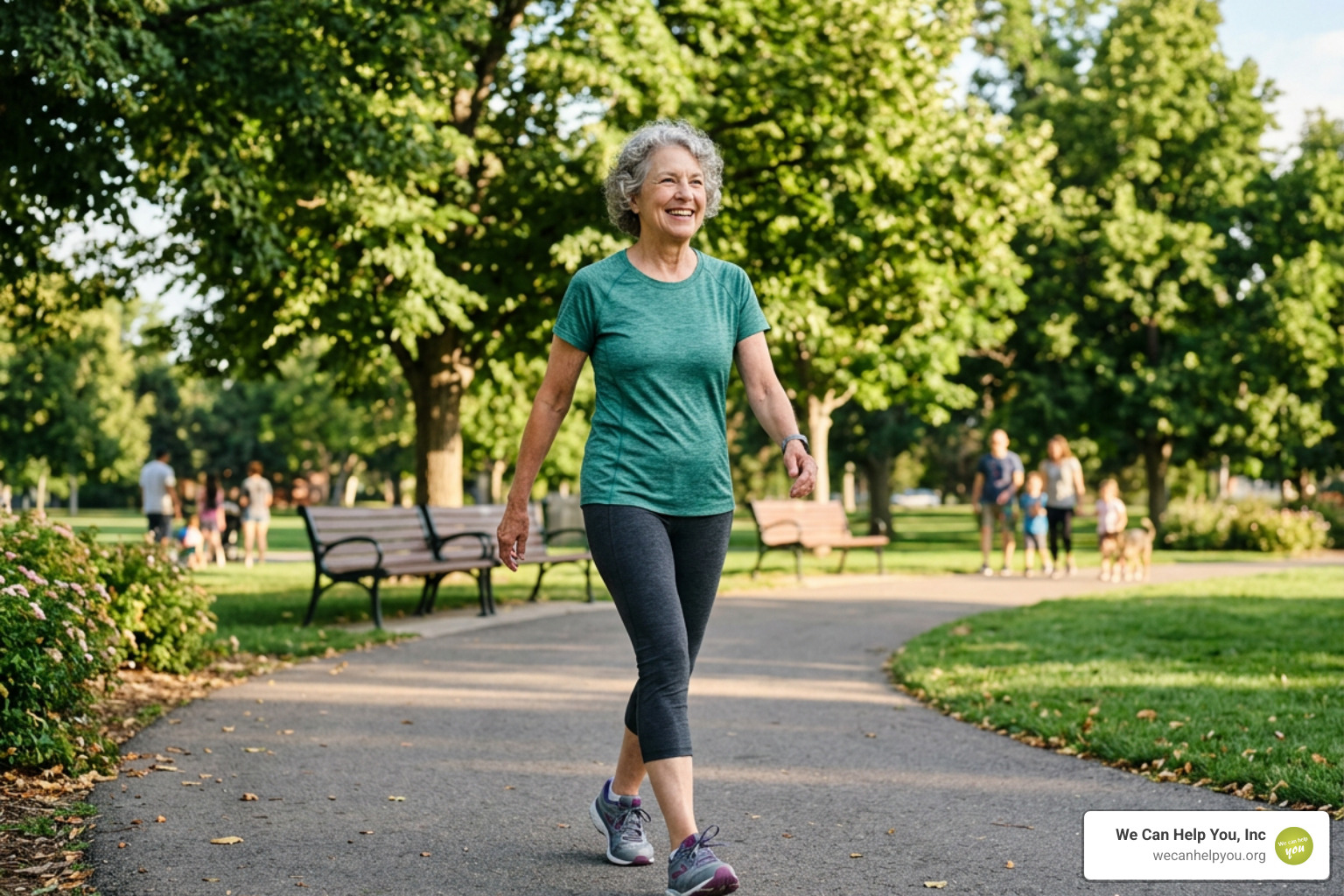 Senior woman exercising happily in a park, representing wellness benefits - Medicare Part C plans New York